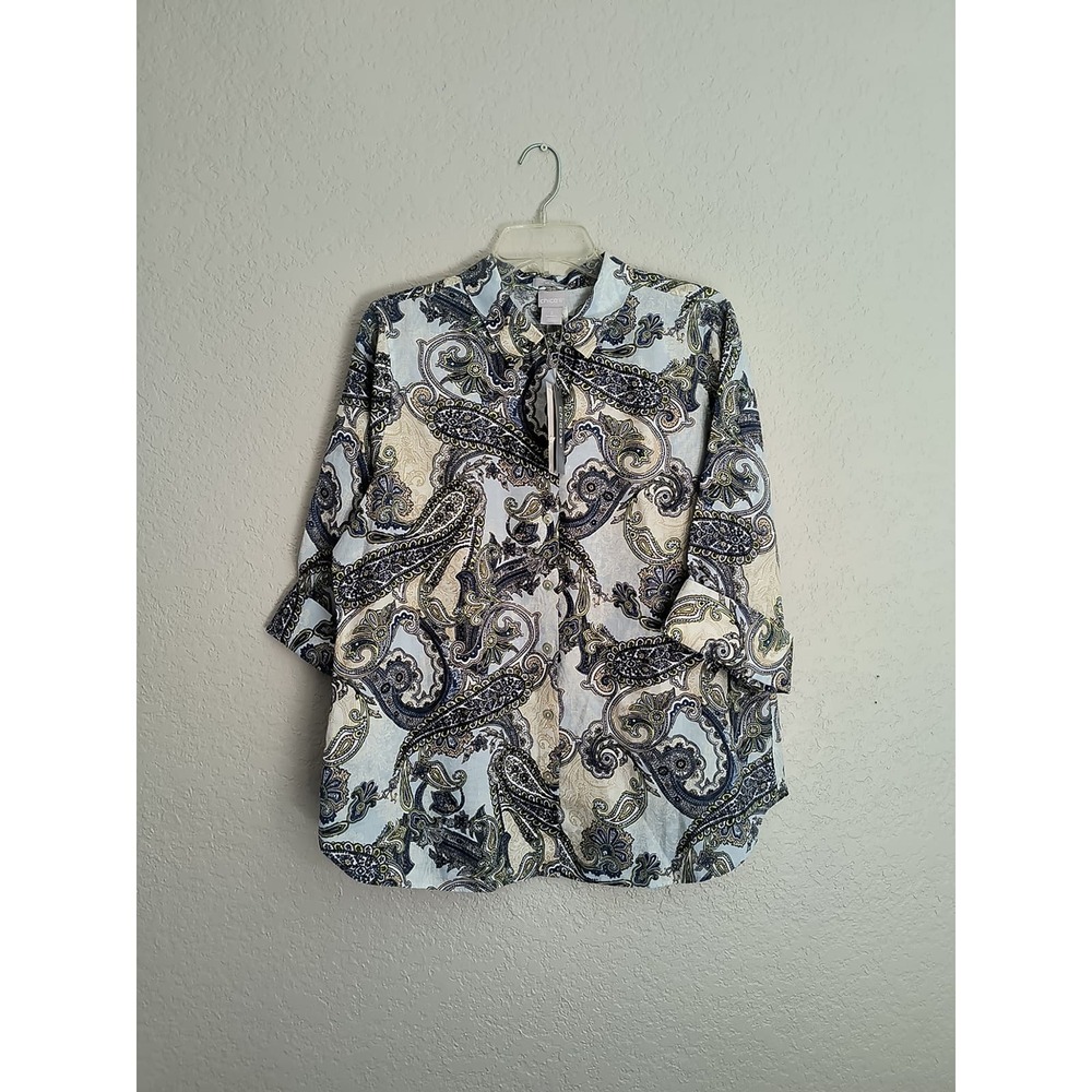 NWT Chico's Womens Blouse No Iron Long Sleeve Paisley Button Down Blue Size 2